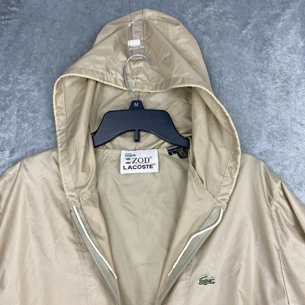 Vtg Izod Lacoste Jacket Mens L Tan 1/4 Zip Pullover Lightweight Windbreak Hooded